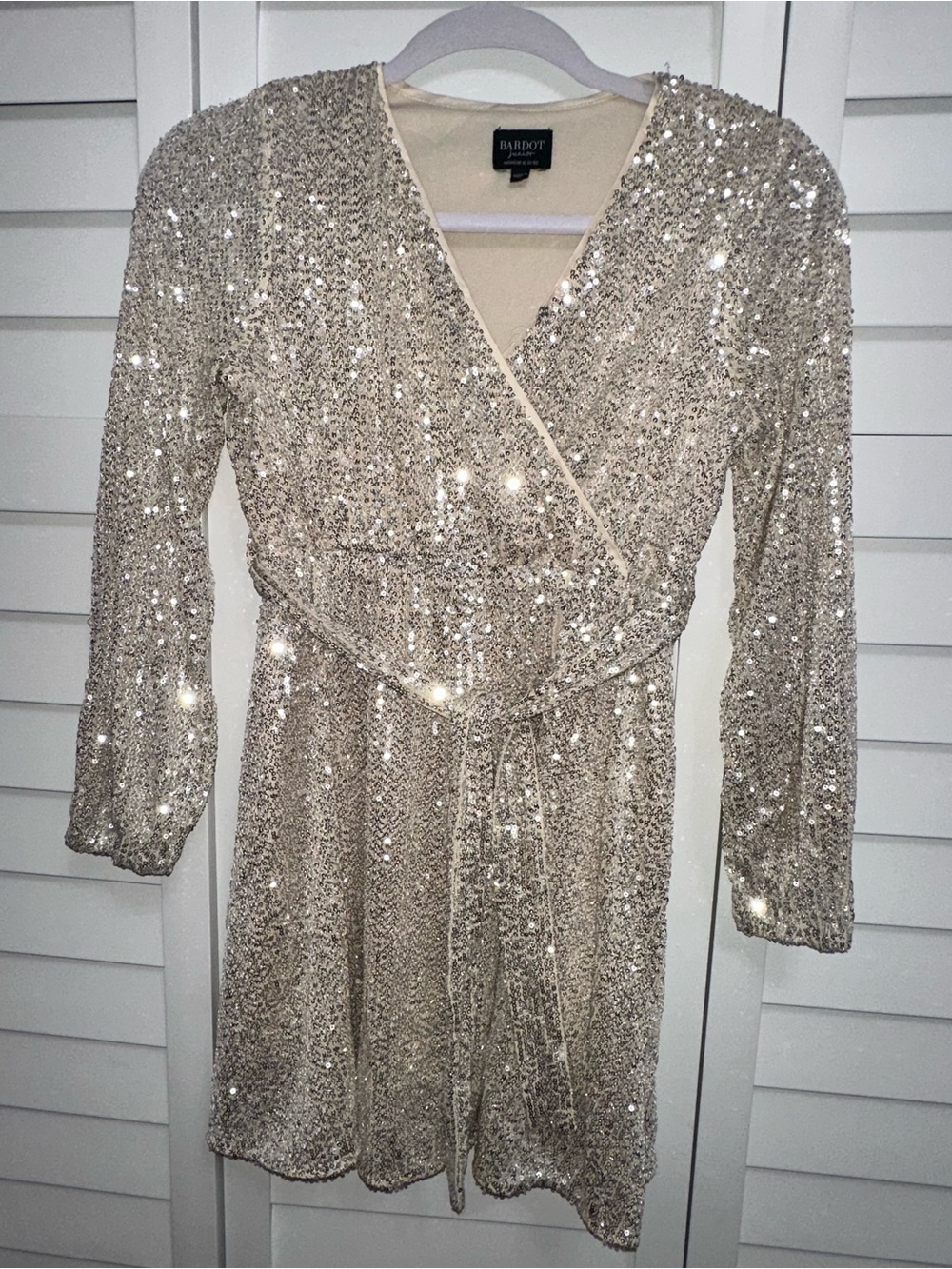 Bardot Junior Silver Sequin Long Sleeve Wrap Dress 12